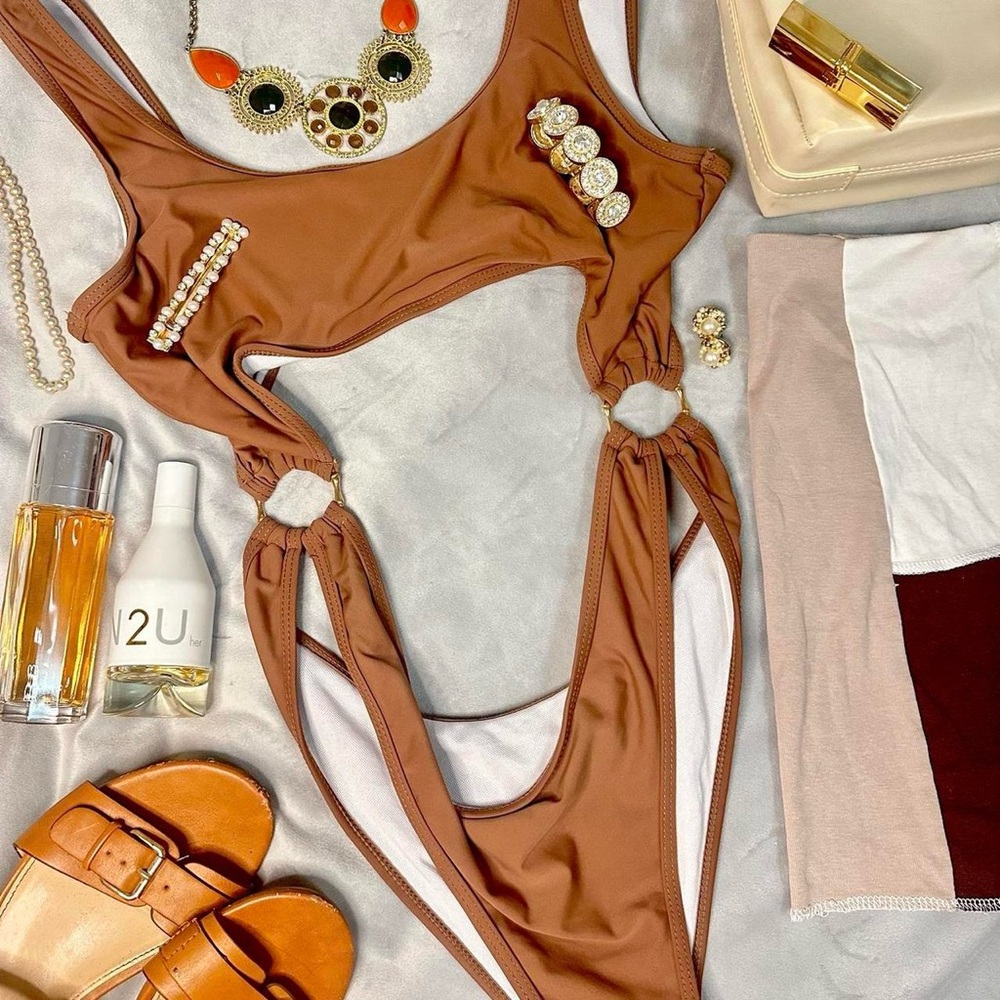 💙One-Piece Cutout Bathing Suit Brown Size Large